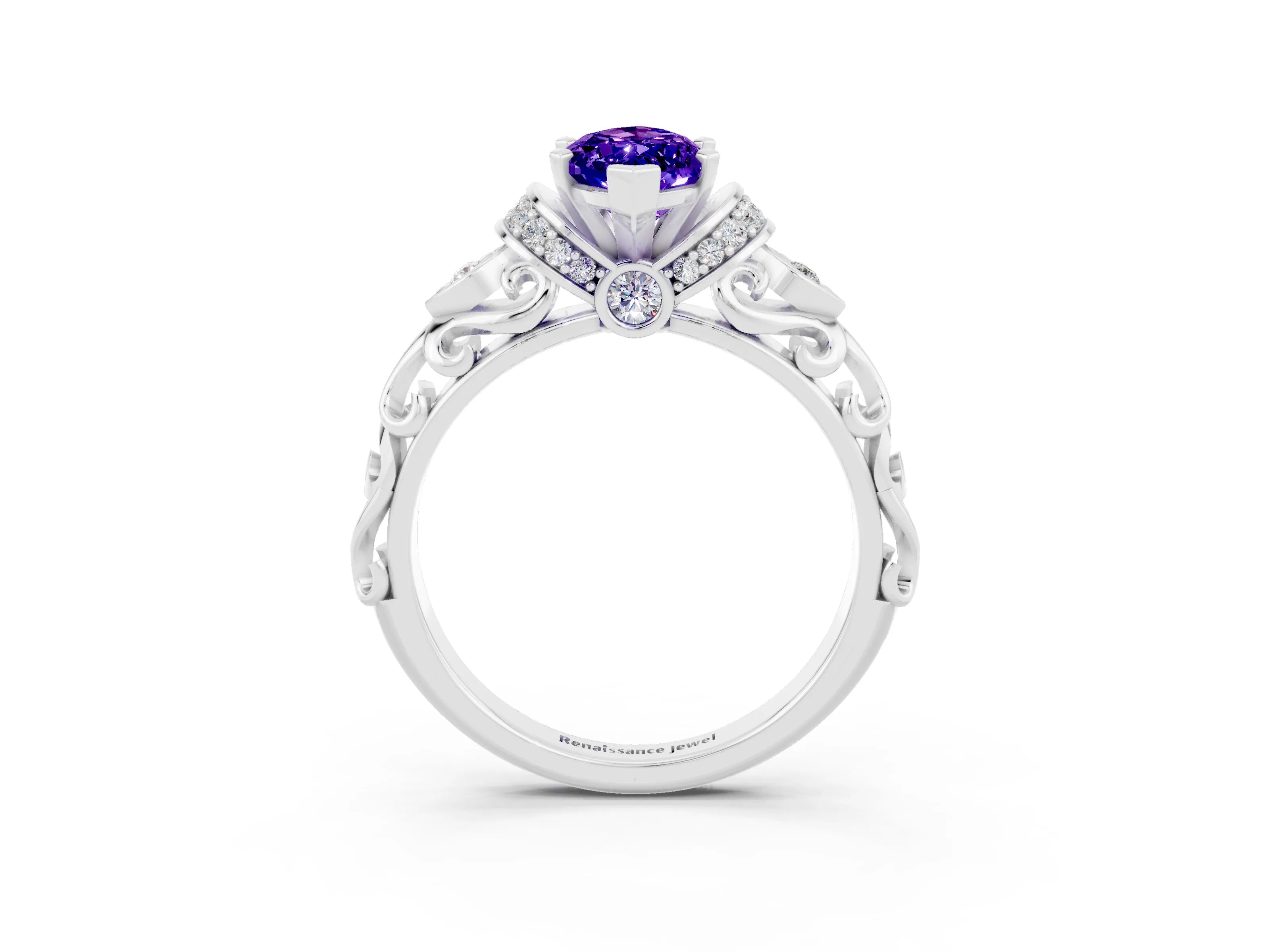 White gold Marquise Cut Tanzanite Solitaire Ring with Filigree Band and Four-Prong Setting_27