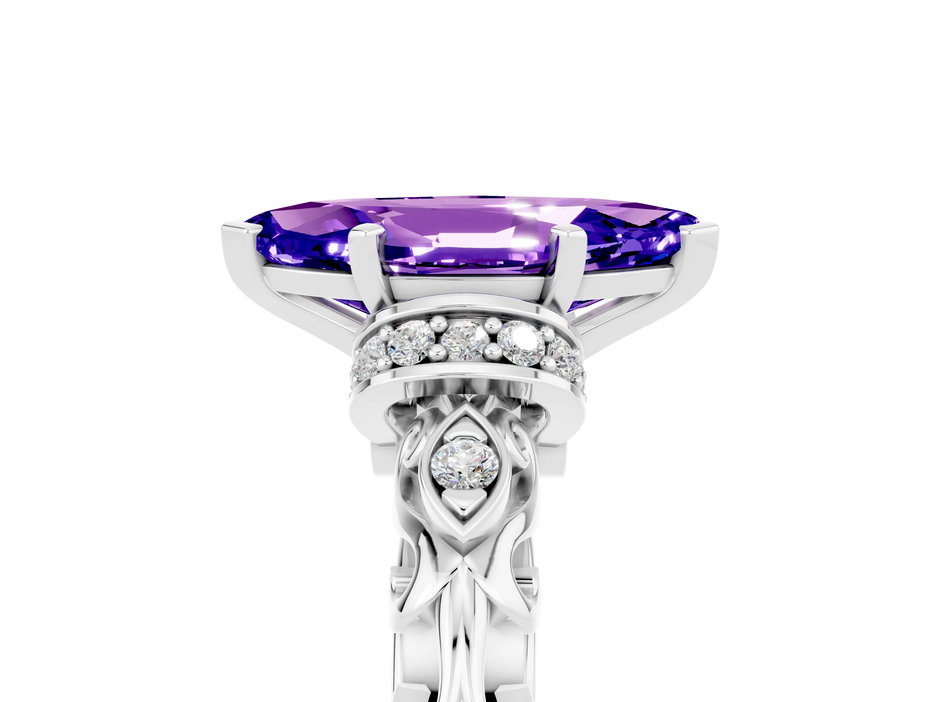 White gold Marquise Cut Tanzanite Solitaire Ring with Filigree Band and Four-Prong Setting_29