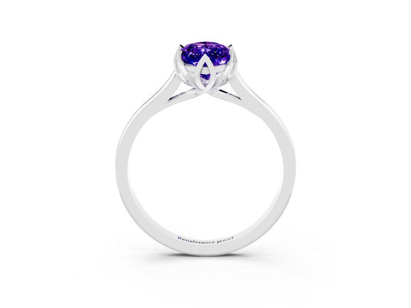 Platinum Marquise Cut Tanzanite Solitaire Ring with Flower Prong Setting and Classic Band