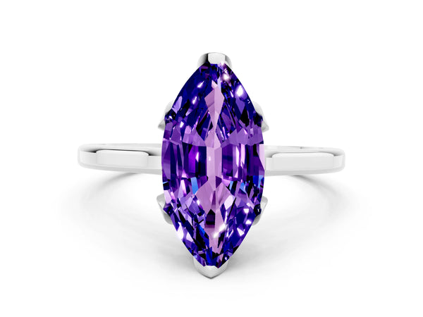White gold Marquise Cut Tanzanite Solitaire Ring with Flower Prong Setting and Classic Band