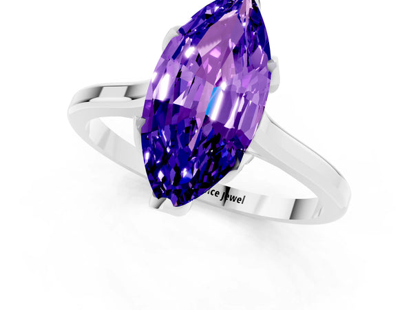 White gold Marquise Cut Tanzanite Solitaire Ring with Flower Prong Setting and Classic Band