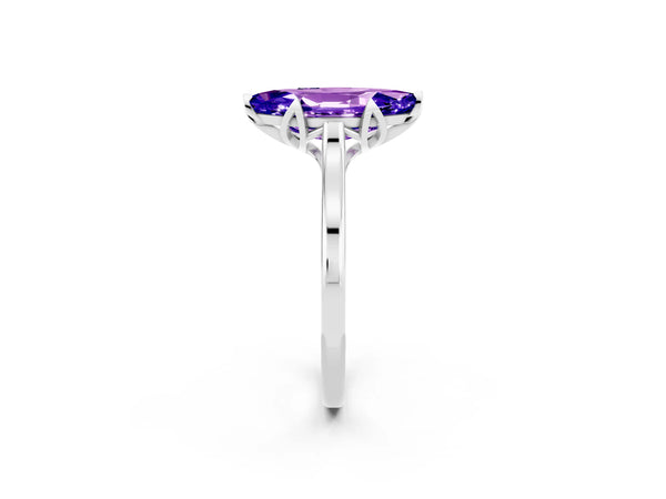 White gold Marquise Cut Tanzanite Solitaire Ring with Flower Prong Setting and Classic Band