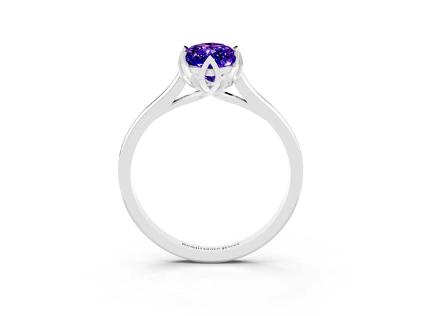 White gold Marquise Cut Tanzanite Solitaire Ring with Flower Prong Setting and Classic Band