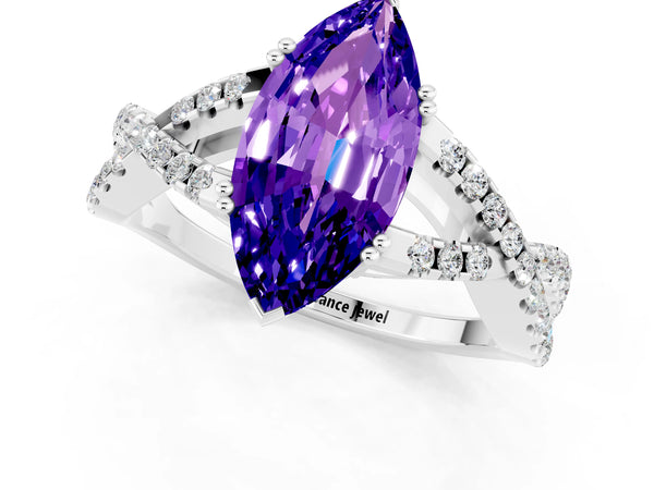 Platinum Marquise Cut Tanzanite Solitaire Ring with Four-Prong Setting and Twisted Pavé Band
