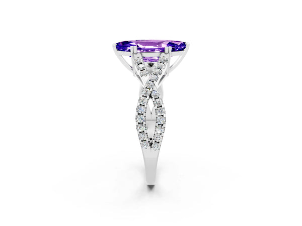 Platinum Marquise Cut Tanzanite Solitaire Ring with Four-Prong Setting and Twisted Pavé Band