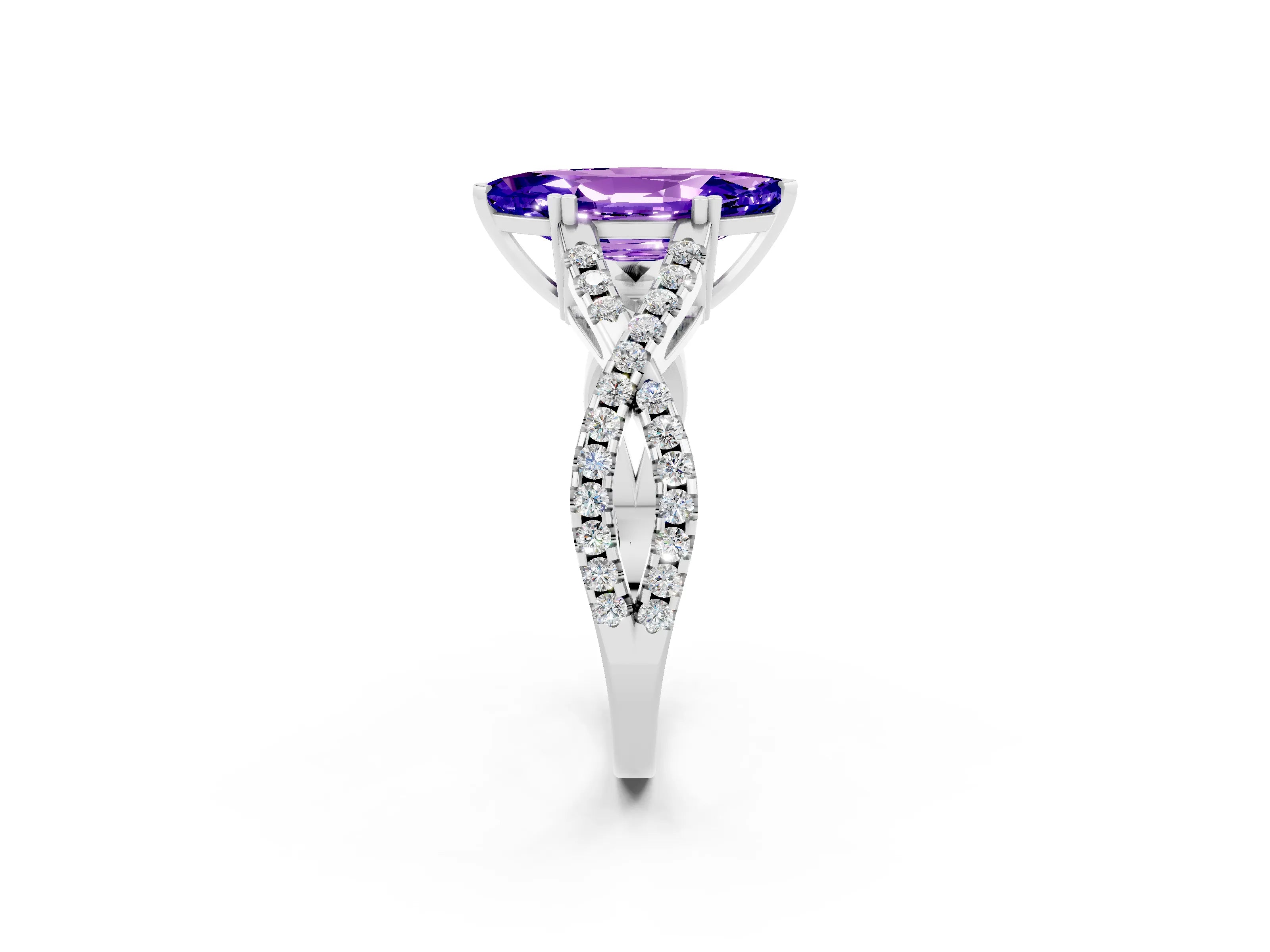 White gold Marquise Cut Tanzanite Solitaire Ring with Four-Prong Setting and Twisted Pavé Band_2