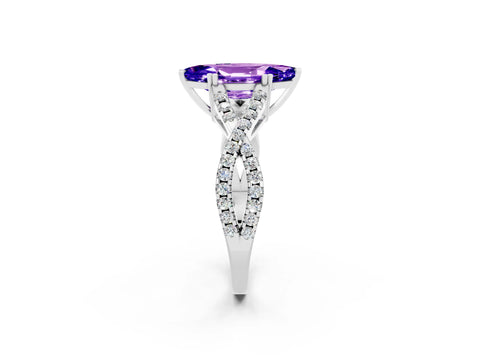 White gold Marquise Cut Tanzanite Solitaire Ring with Four-Prong Setting and Twisted Pavé Band_2