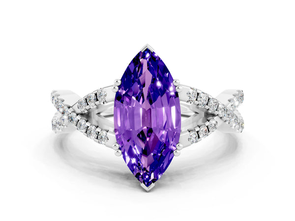Silver Marquise Cut Tanzanite Solitaire Ring with Four-Prong Setting and Twisted Pavé Band