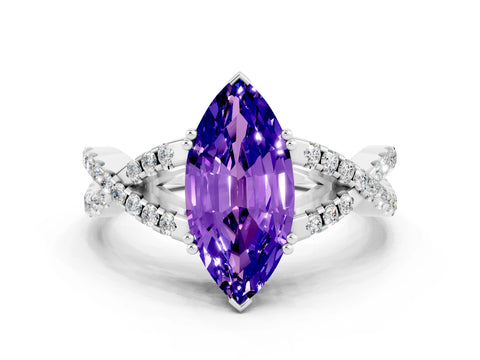 White gold Marquise Cut Tanzanite Solitaire Ring with Four-Prong Setting and Twisted Pavé Band