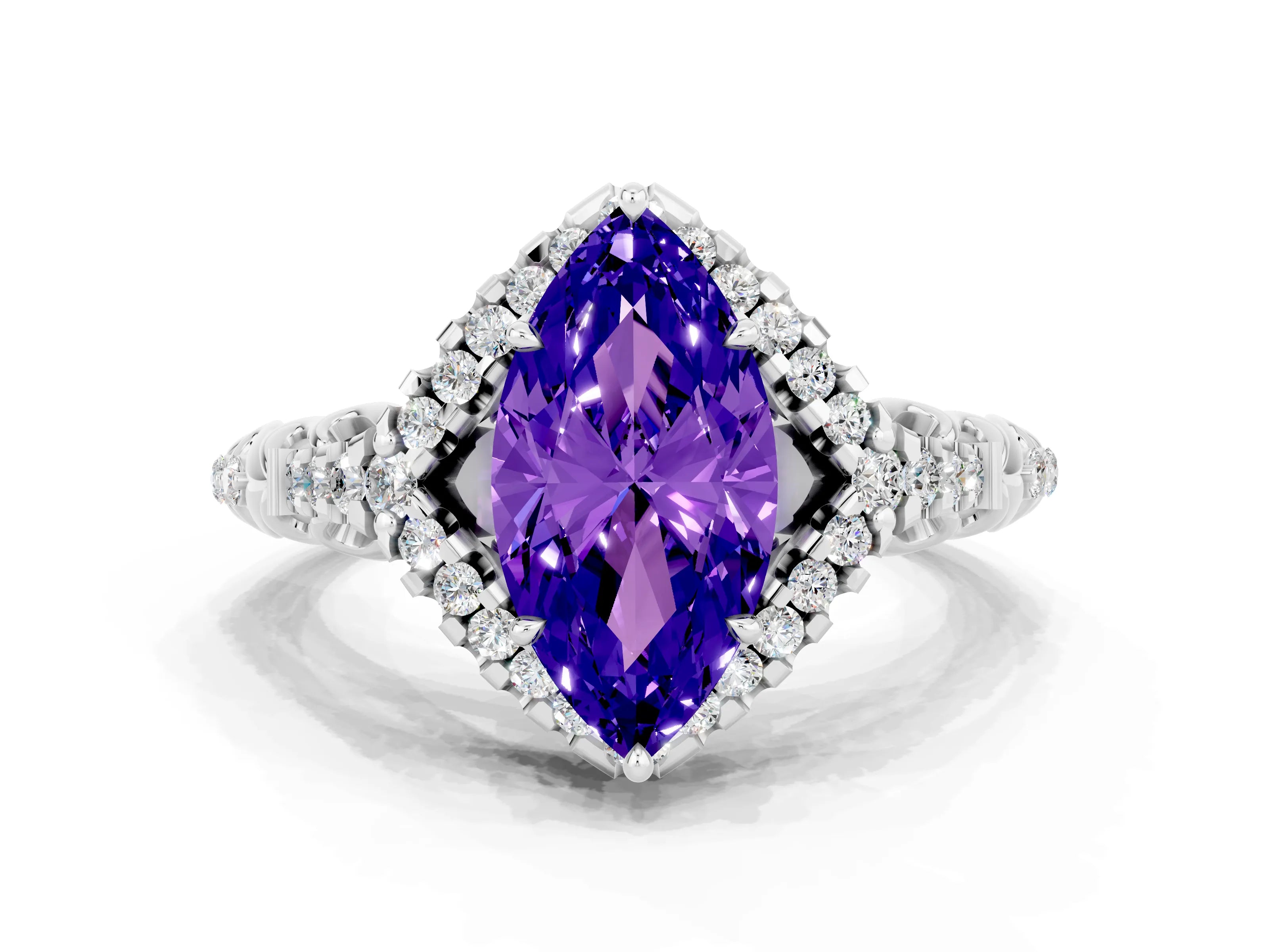 White gold Marquise Cut Tanzanite Solitaire Ring with Hidden Halo and Pavé Band_12