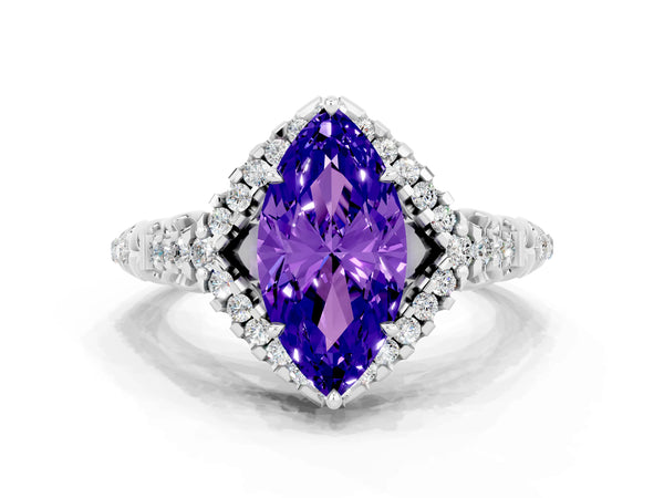 Platinum Marquise Cut Tanzanite Solitaire Ring with Hidden Halo and Pavé Band