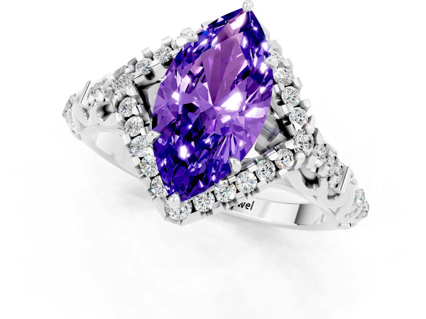 Platinum Marquise Cut Tanzanite Solitaire Ring with Hidden Halo and Pavé Band