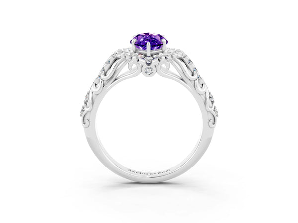 Silver Marquise Cut Tanzanite Solitaire Ring with Hidden Halo and Pavé Band