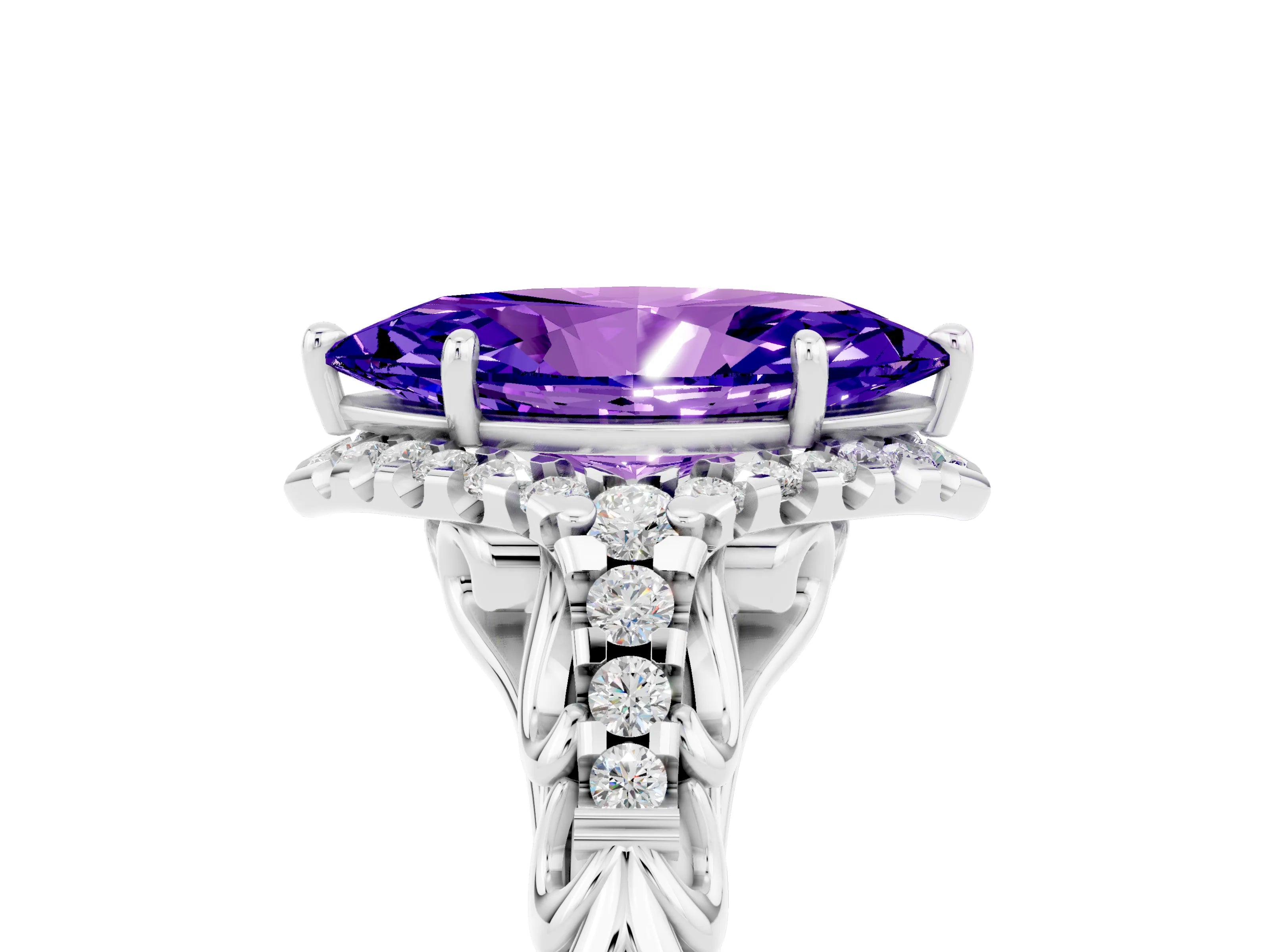 White gold Marquise Cut Tanzanite Solitaire Ring with Hidden Halo and Pavé Band_17