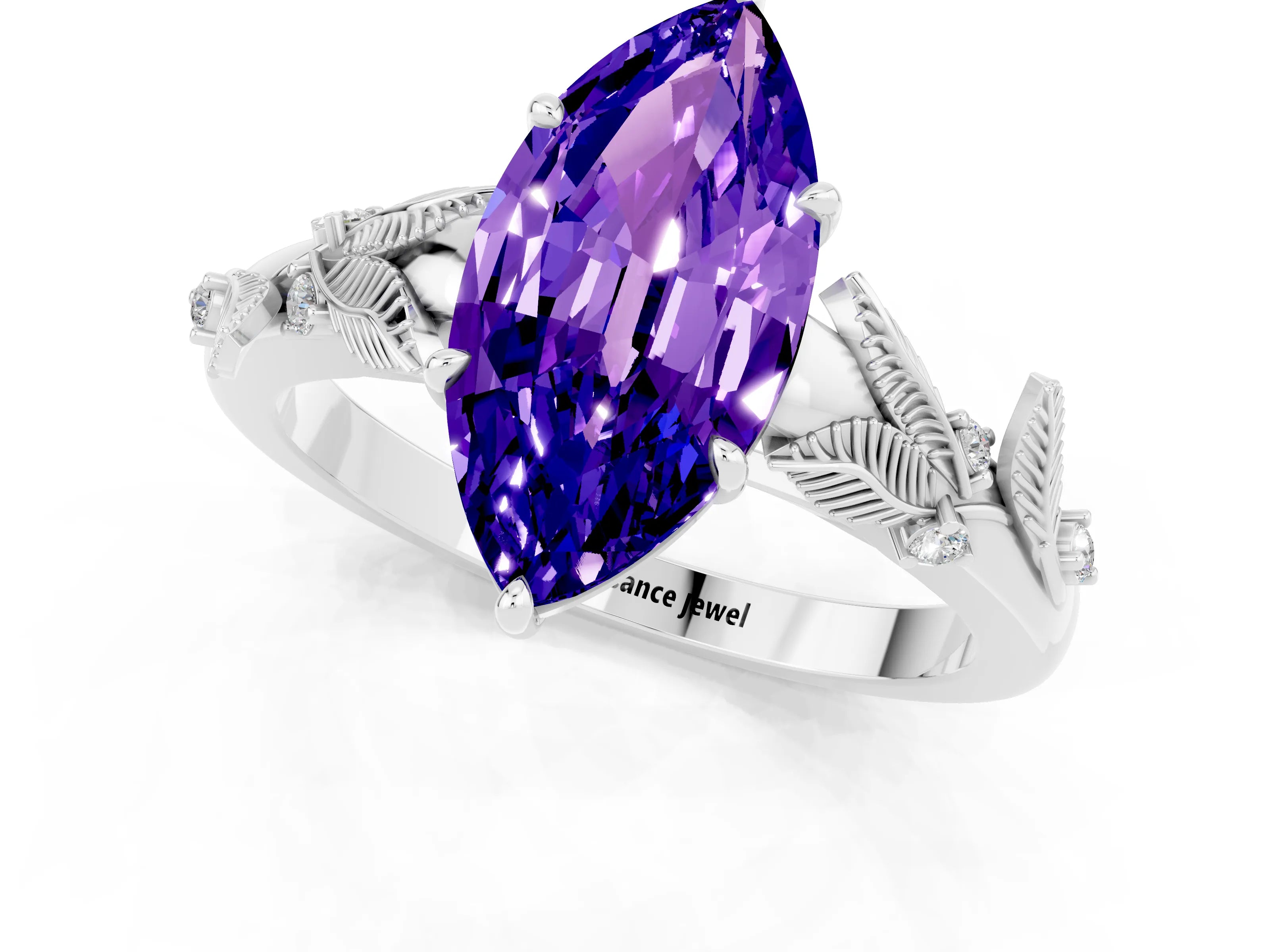 White gold Marquise Cut Tanzanite Solitaire Ring with Leaf Motif Band and Four-Prong Setting_13