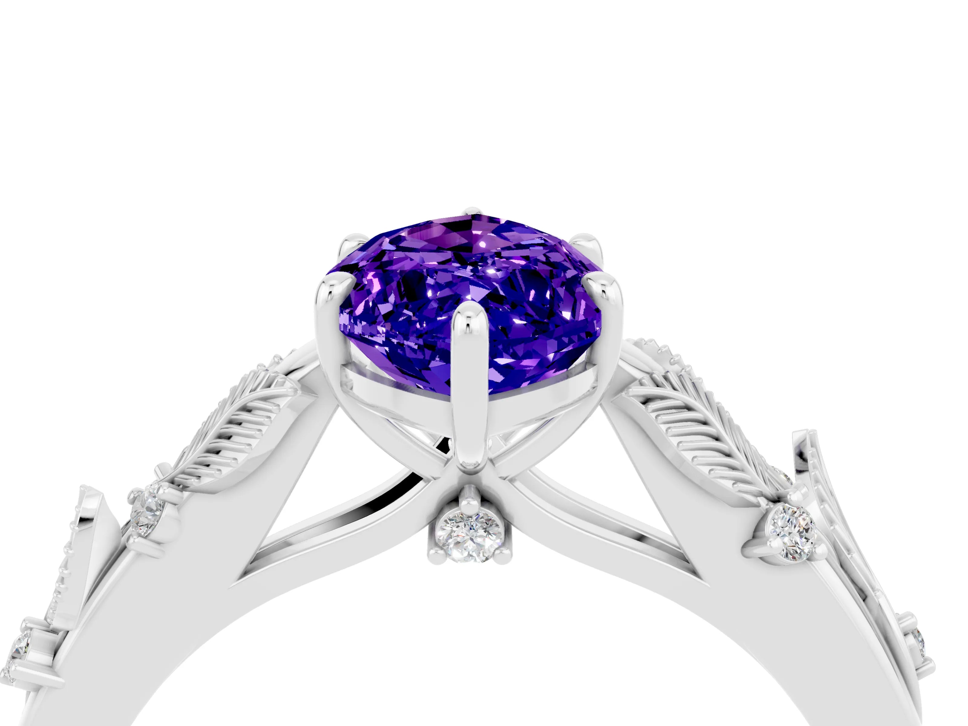 White gold Marquise Cut Tanzanite Solitaire Ring with Leaf Motif Band and Four-Prong Setting_16
