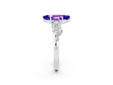 White gold Marquise Cut Tanzanite Solitaire Ring with Leaf Motif Band and Four-Prong Setting_2