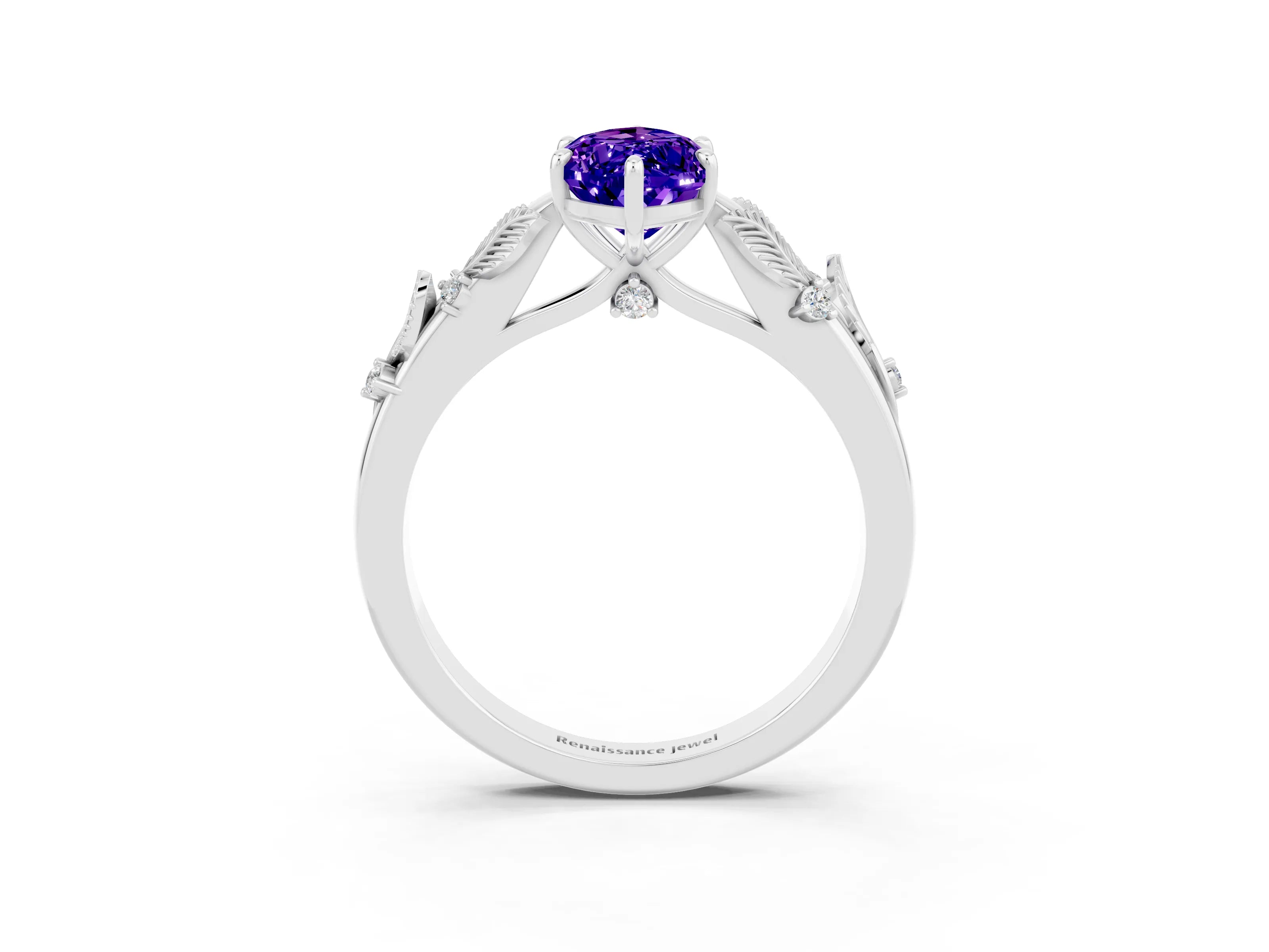 White gold Marquise Cut Tanzanite Solitaire Ring with Leaf Motif Band and Four-Prong Setting_3