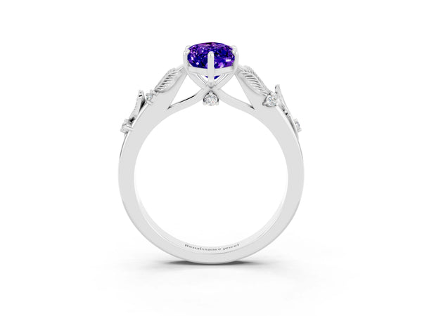 Platinum Marquise Cut Tanzanite Solitaire Ring with Leaf Motif Band and Four-Prong Setting