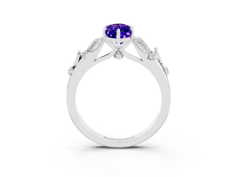 White gold Marquise Cut Tanzanite Solitaire Ring with Leaf Motif Band and Four-Prong Setting_3