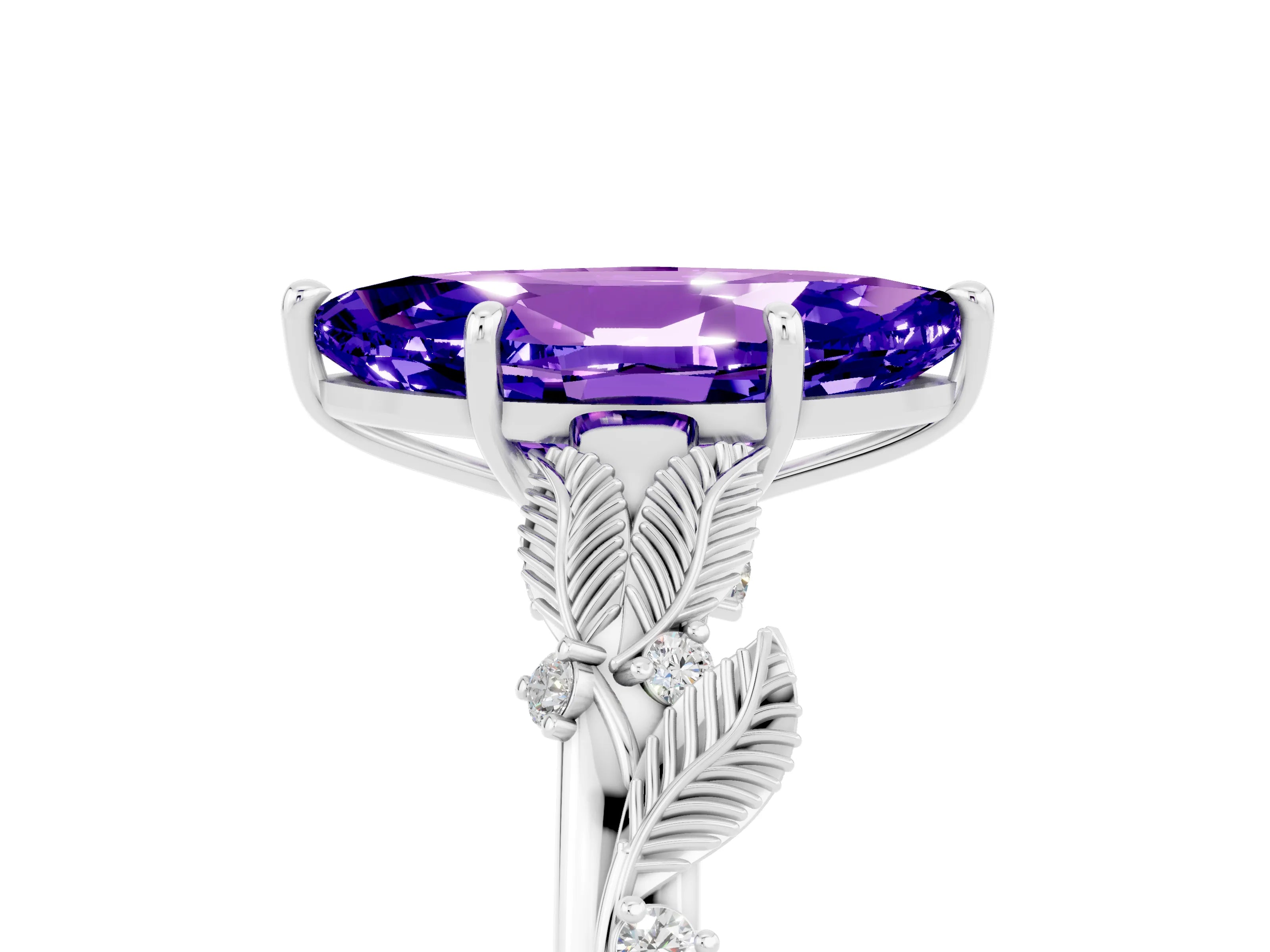 White gold Marquise Cut Tanzanite Solitaire Ring with Leaf Motif Band and Four-Prong Setting_5