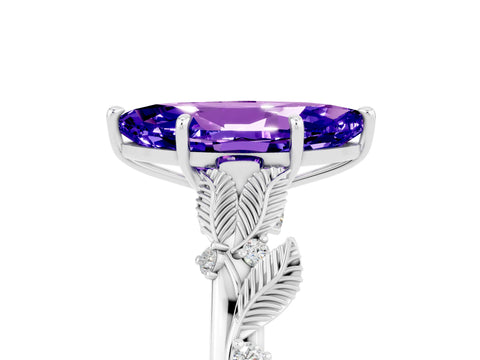 White gold Marquise Cut Tanzanite Solitaire Ring with Leaf Motif Band and Four-Prong Setting_5