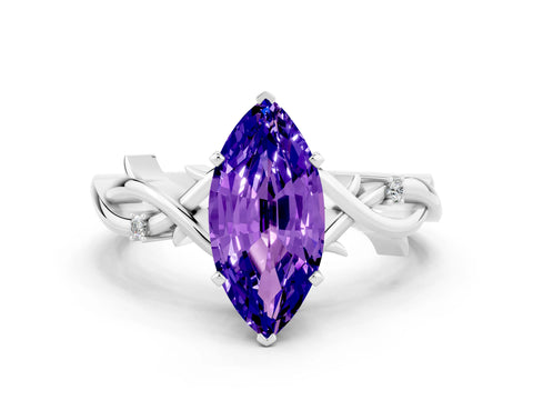 White gold Marquise Cut Tanzanite Solitaire Ring with Milgrain Pavé Band and Four-Prong Setting_12