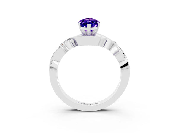 Platinum Marquise Cut Tanzanite Solitaire Ring with Milgrain Pavé Band and Four-Prong Setting