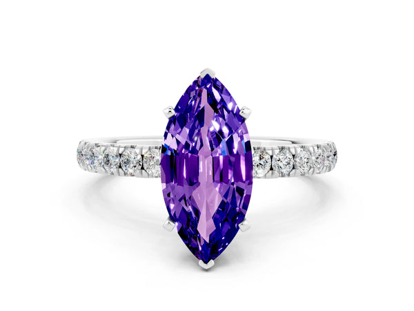 Silver Marquise Cut Tanzanite Solitaire Ring with Pavé Accents and Four-Prong Setting
