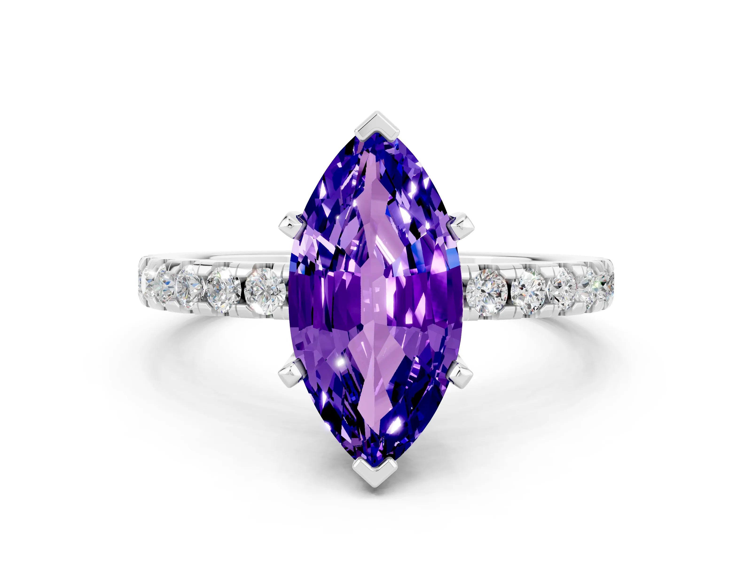 White gold Marquise Cut Tanzanite Solitaire Ring with Pavé Band and Four-Prong Setting_24