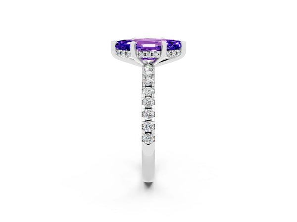 Platinum Marquise Cut Tanzanite Solitaire Ring with Round  Pavé Band and Four-Prong Setting