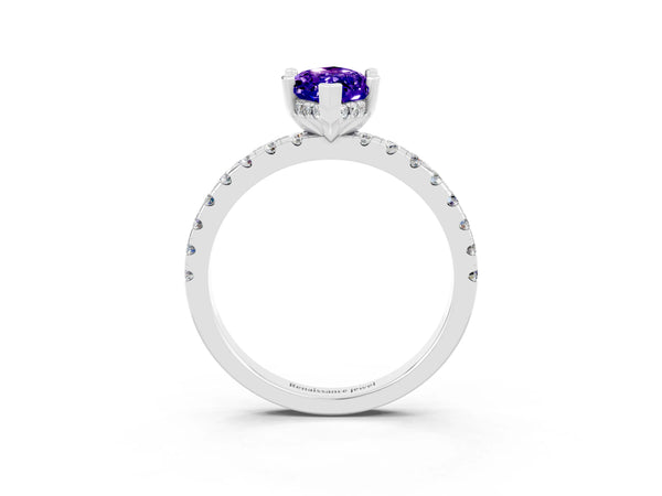 White gold Marquise Cut Tanzanite Solitaire Ring with Round  Pavé Band and Four-Prong Setting