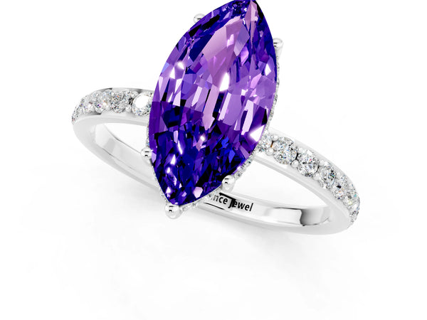 Silver Marquise Cut Tanzanite Solitaire Ring with Pavé Band and Hidden Halo