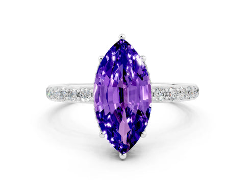 White gold Marquise Cut Tanzanite Solitaire Ring with Pavé Band and Hidden Halo