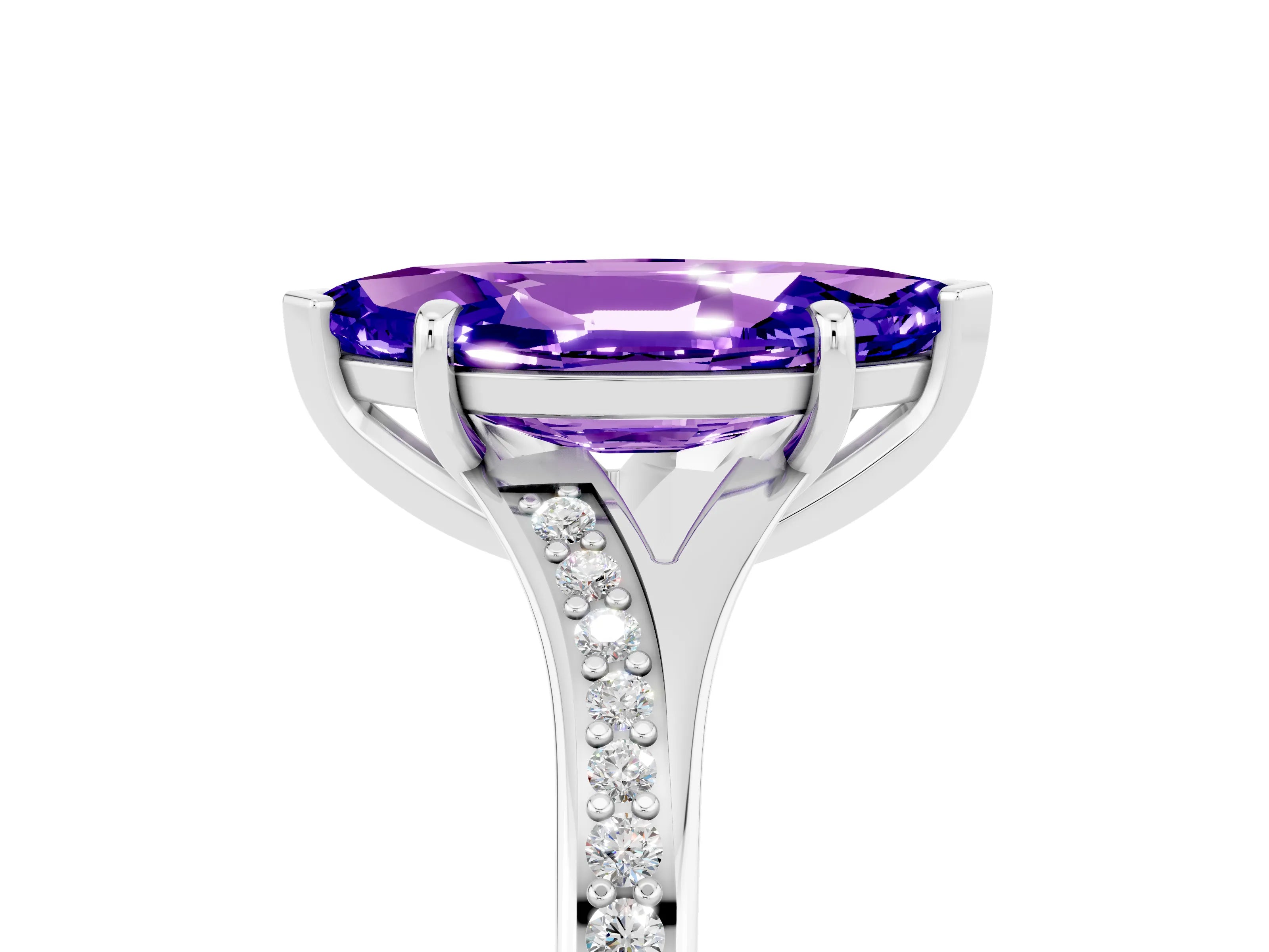 White gold Marquise Cut Tanzanite Solitaire Ring with Pavé Band and Prong Setting_17