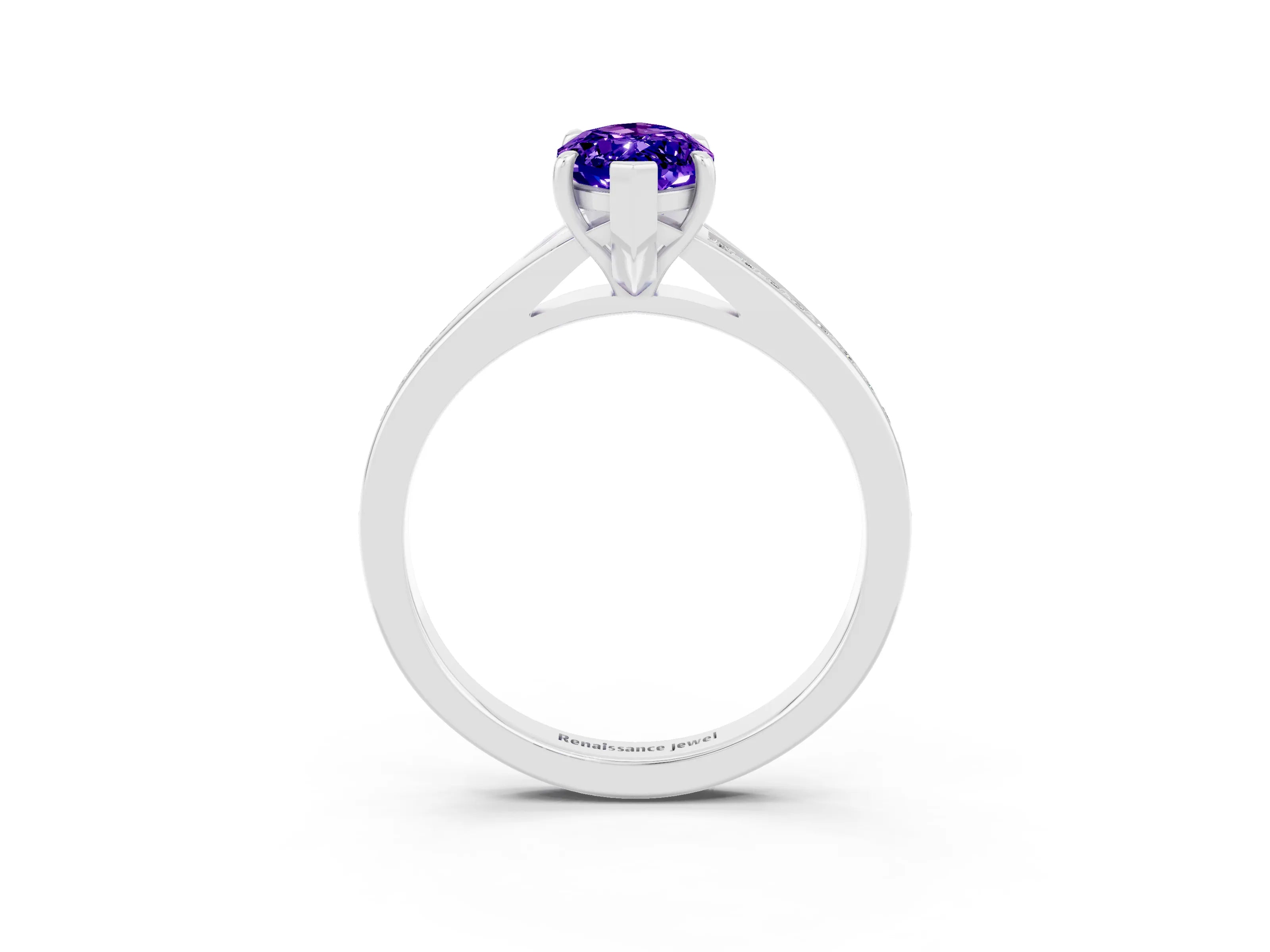 White gold Marquise Cut Tanzanite Solitaire Ring with Pavé Band and Prong Setting_3