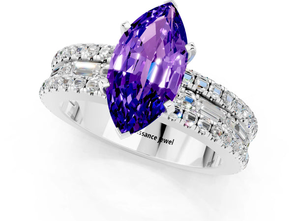 Silver Marquise Cut Tanzanite Solitaire Ring with Pavé and Channel Set Band