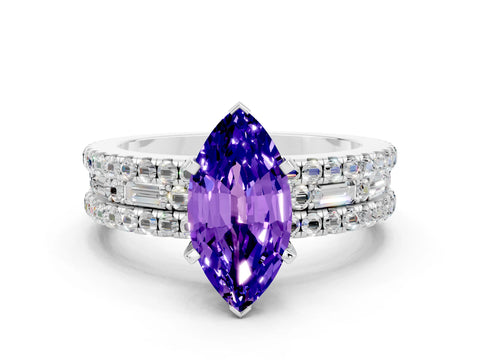 White gold Marquise Cut Tanzanite Solitaire Ring with Pavé and Channel Set Band