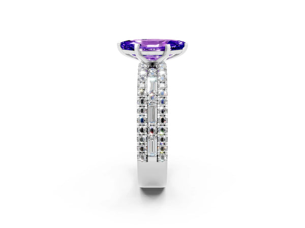 Silver Marquise Cut Tanzanite Solitaire Ring with Pavé and Channel Set Band