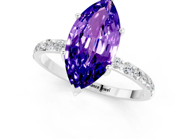 Platinum Marquise Cut Tanzanite Solitaire Ring with Round  Pavé Band and Prong Setting