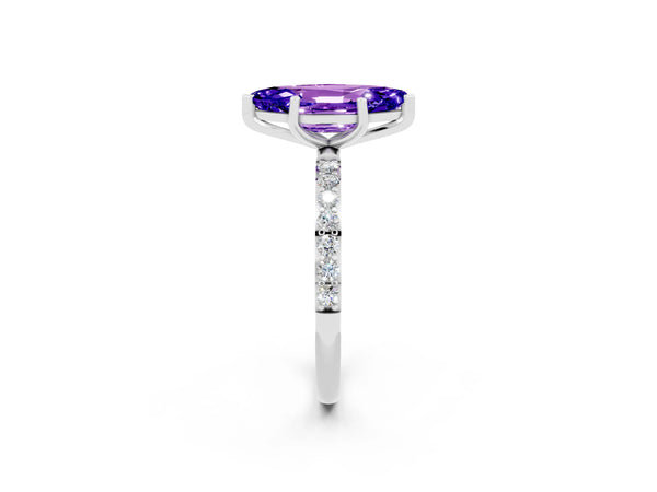 Platinum Marquise Cut Tanzanite Solitaire Ring with Round  Pavé Band and Prong Setting