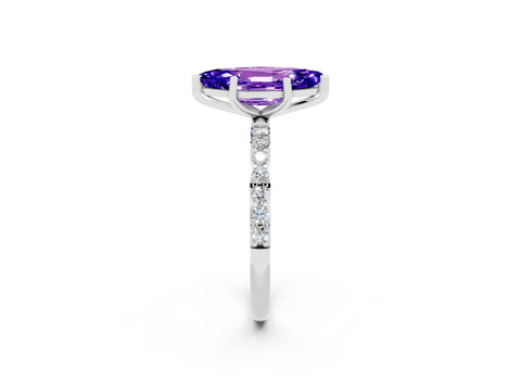 White gold Marquise Cut Tanzanite Solitaire Ring with Pave Band and Four Prong Setting_26