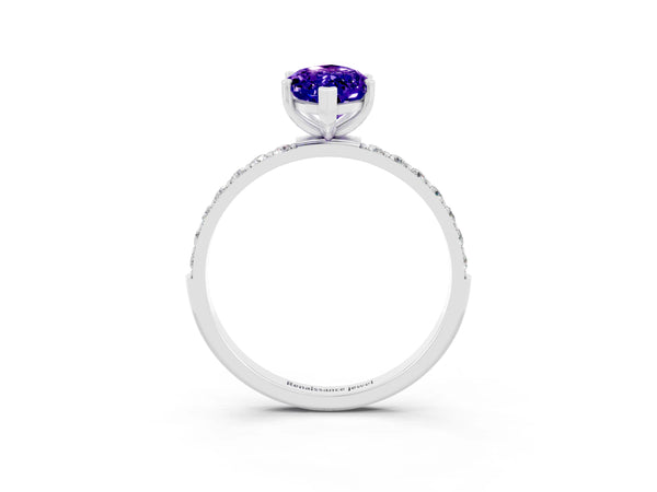 Platinum Marquise Cut Tanzanite Solitaire Ring with Round  Pavé Band and Prong Setting