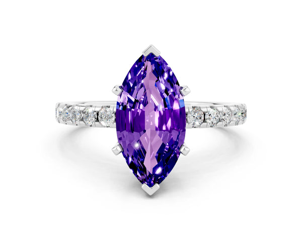 White gold Marquise Cut Tanzanite Solitaire Ring with Round  Pavé Band and Four-Prong Setting