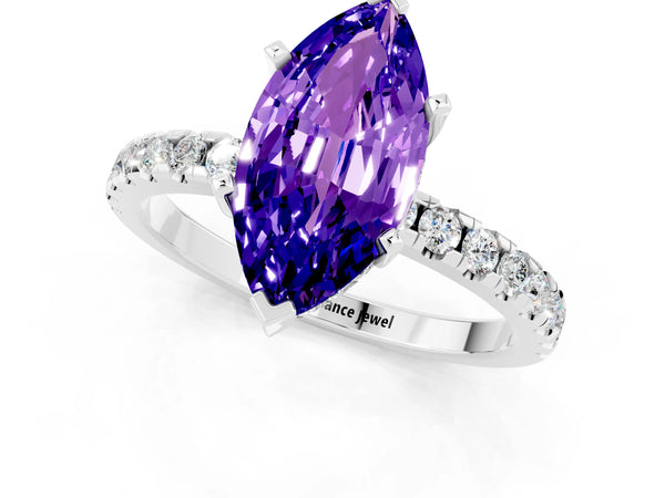 White gold Marquise Cut Tanzanite Solitaire Ring with Round  Pavé Band and Four-Prong Setting