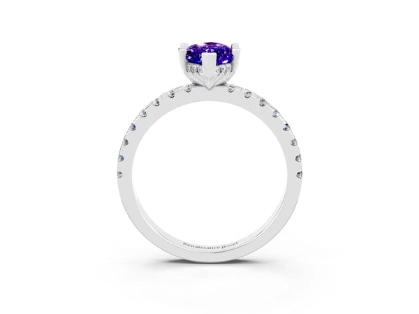 White gold Marquise Cut Tanzanite Solitaire Ring with Round  Pavé Band and Four-Prong Setting