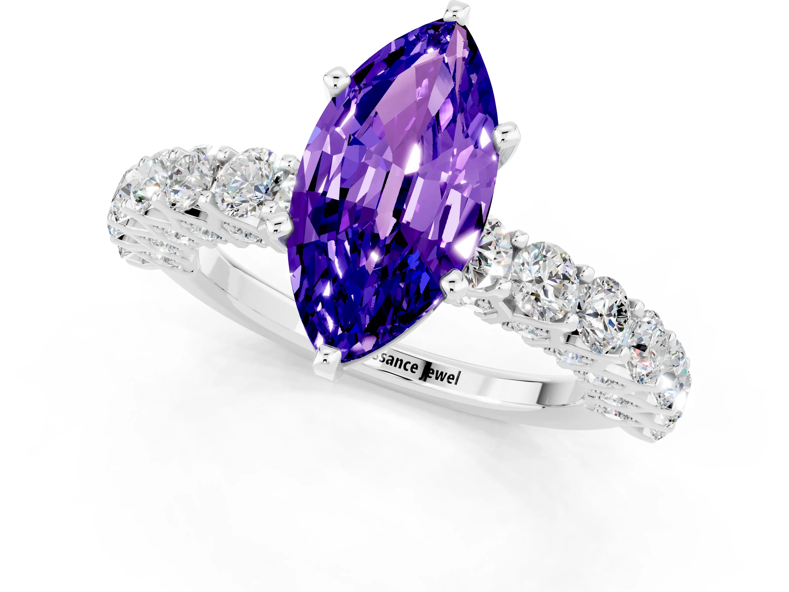 White gold Marquise Cut Tanzanite Solitaire Ring with Shared Prong Pavé Band and Four-Prong Setting_1