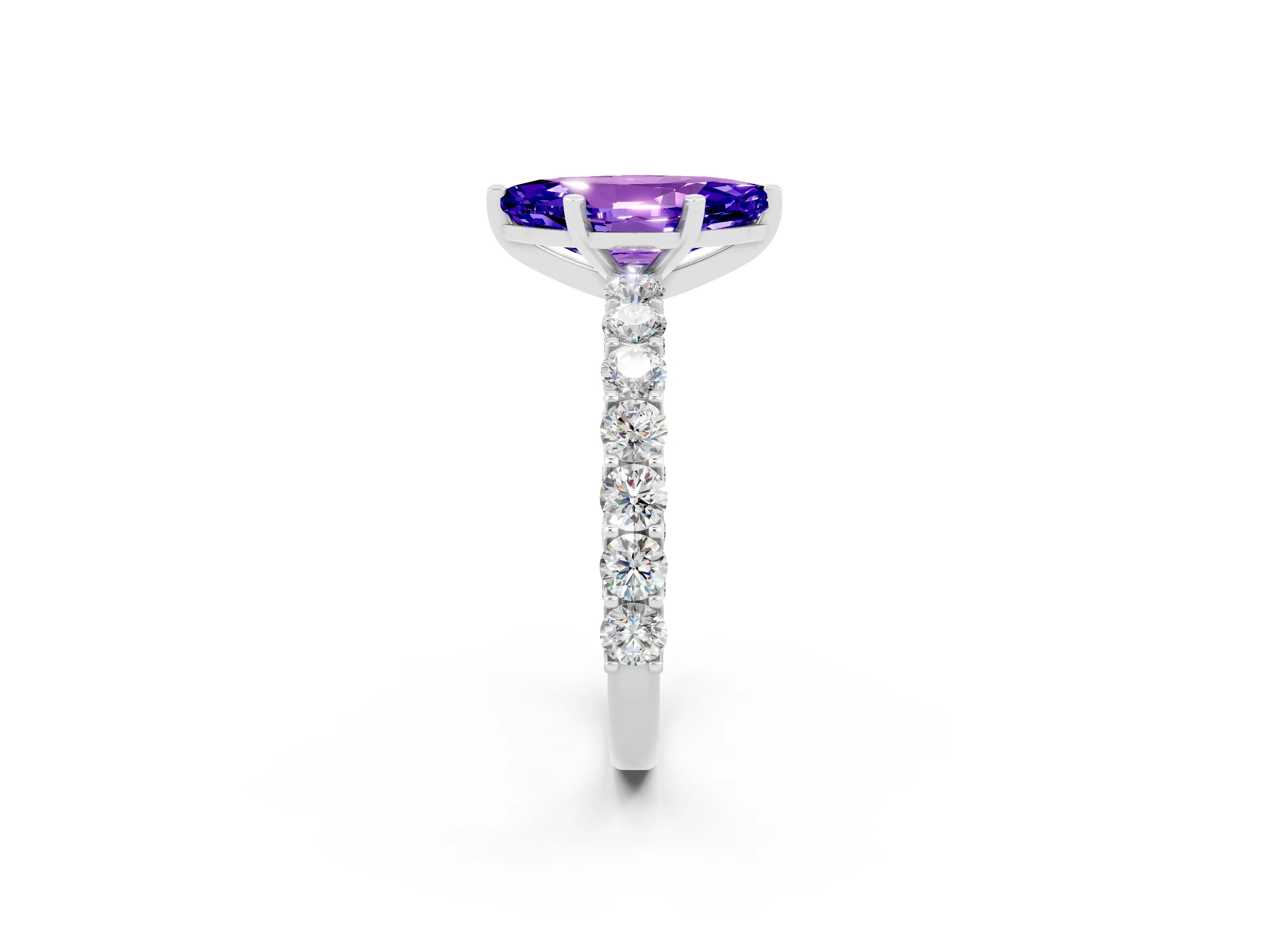 White gold Marquise Cut Tanzanite Solitaire Ring with Shared Prong Pavé Band and Four-Prong Setting_2