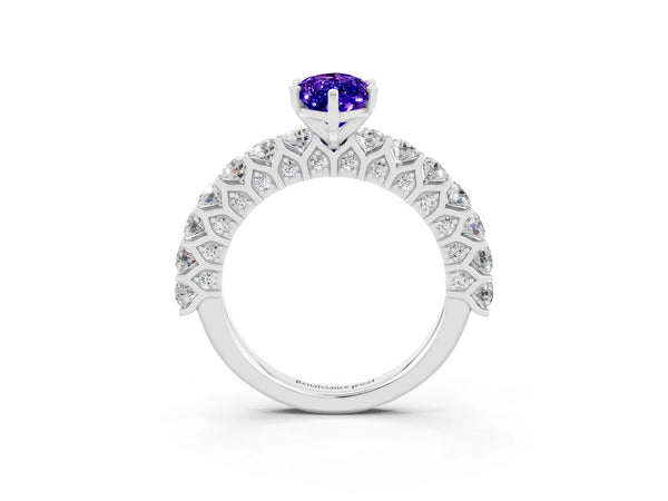 Platinum Marquise Cut Tanzanite Solitaire Ring with Shared Prong Pavé Band and Four-Prong Setting