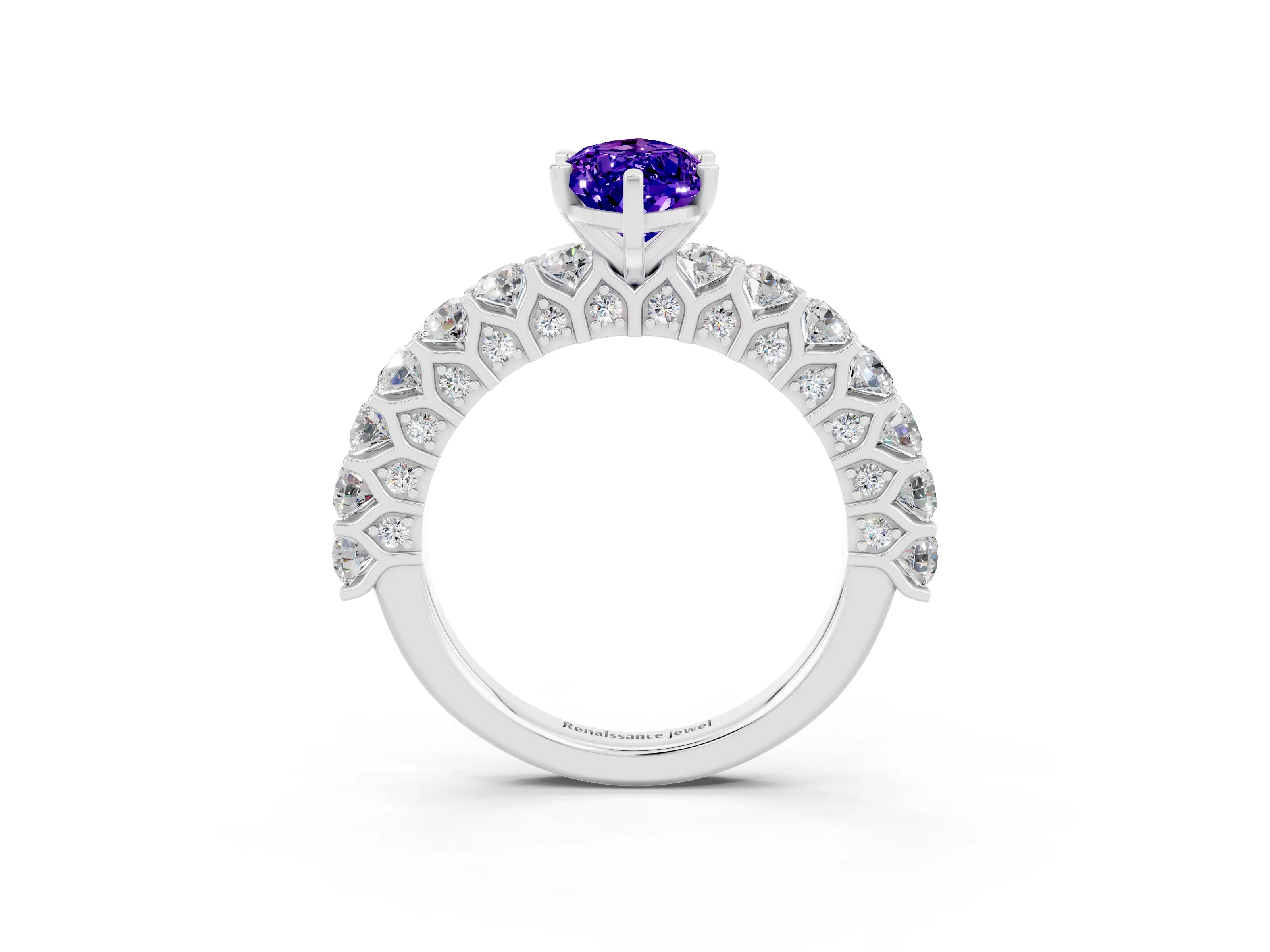 White gold Marquise Cut Tanzanite Solitaire Ring with Shared Prong Pavé Band and Four-Prong Setting_3